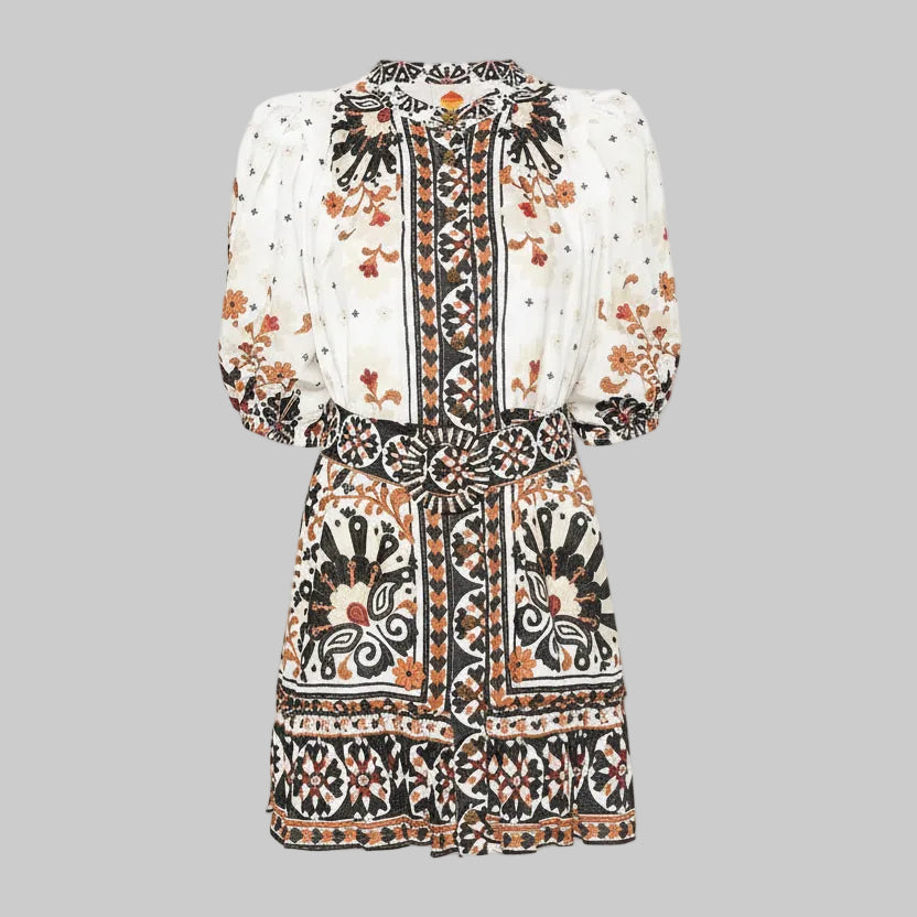 FARM Rio white, tan, and black Flower Fan dress, size M
