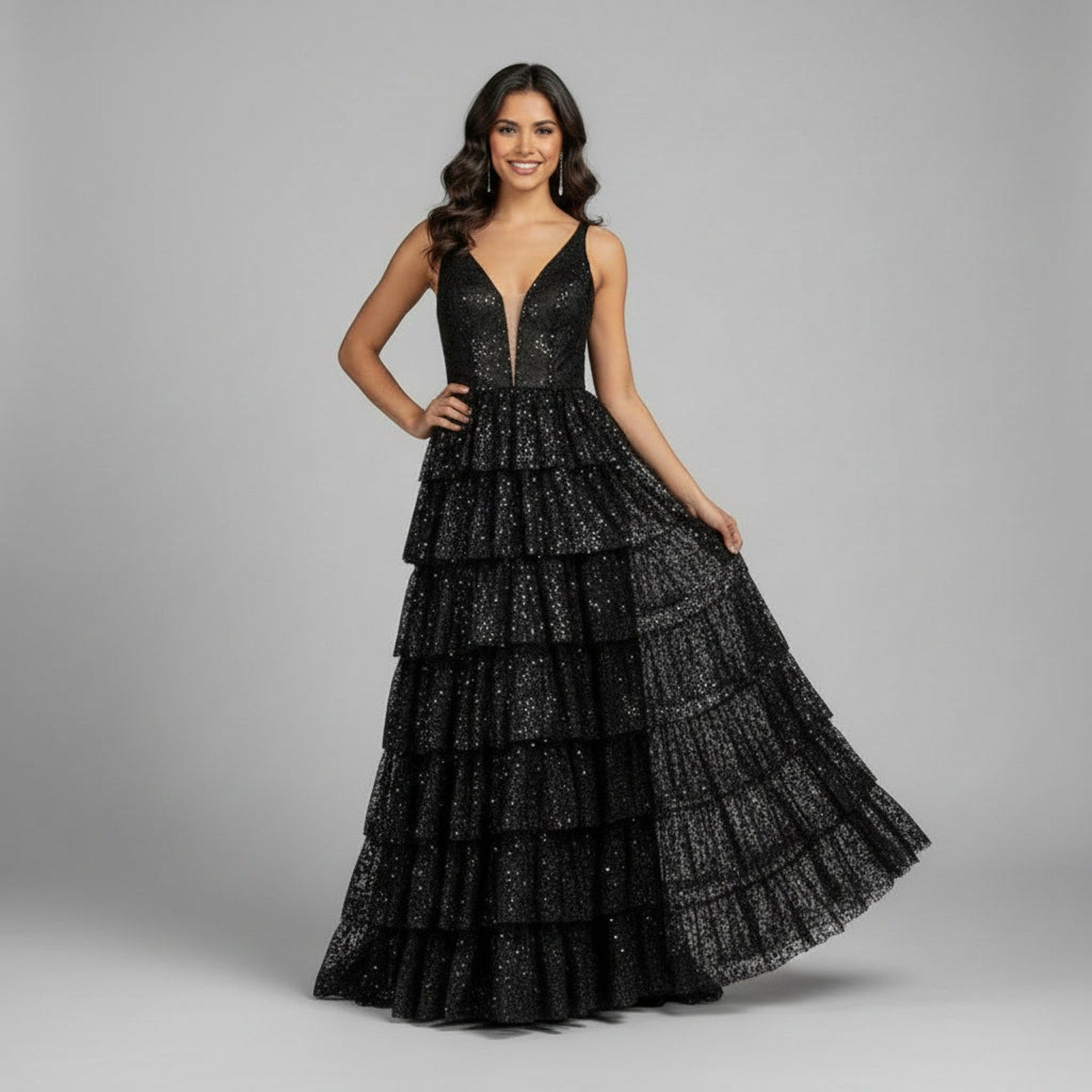 JVN by Jovani black ruffle skirt dress, size 6