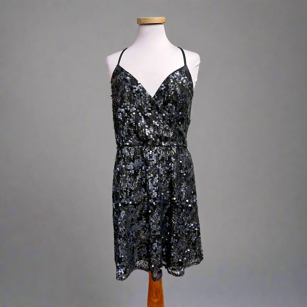 Express black and blue sequin dress, size L