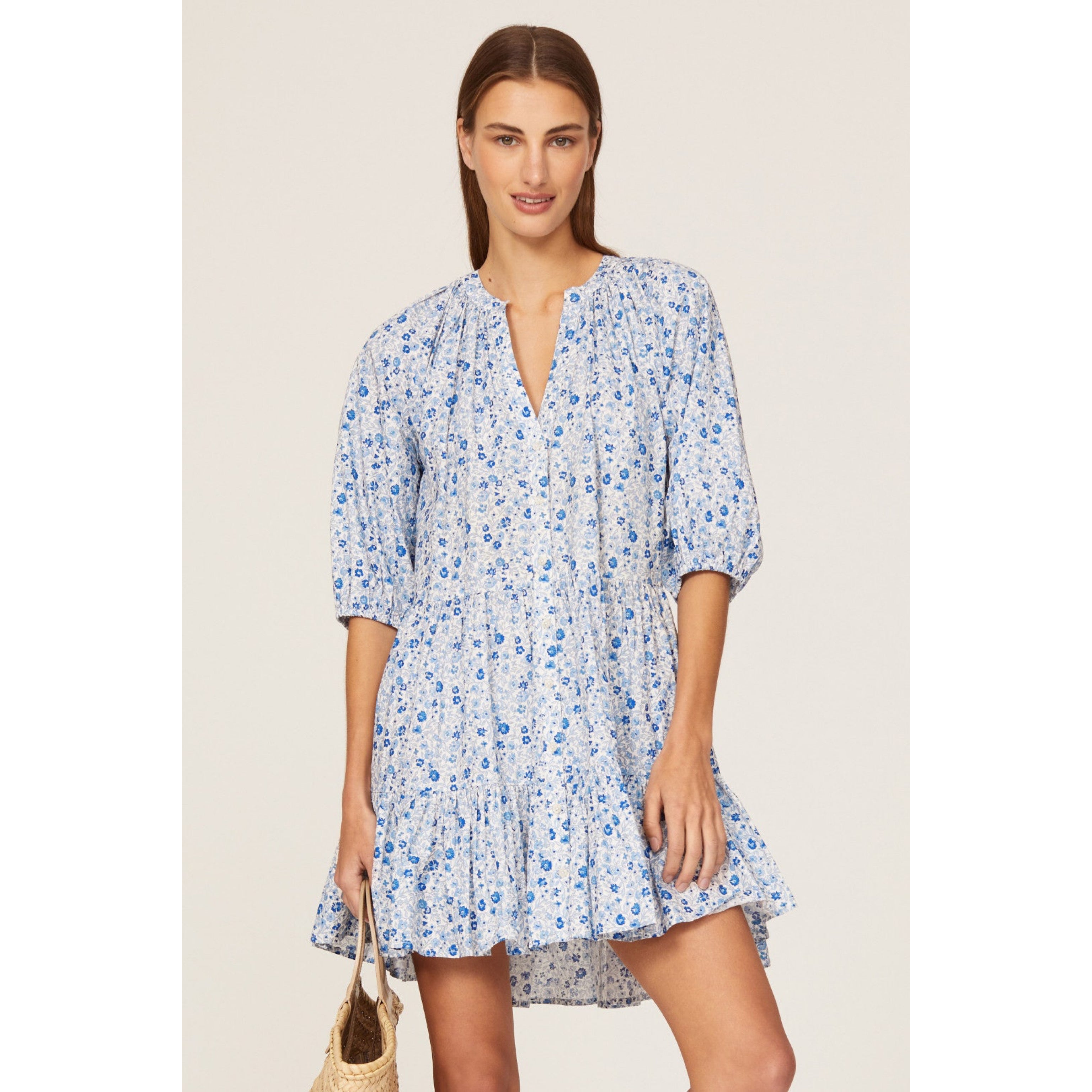 Apiece Apart white and blue floral Mitte dress, size XS