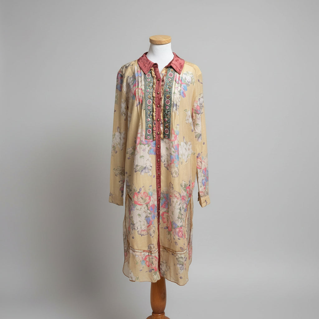 Aratta Silent Journey beige floral shirt/dress, size L, NEW WITH TAGS!