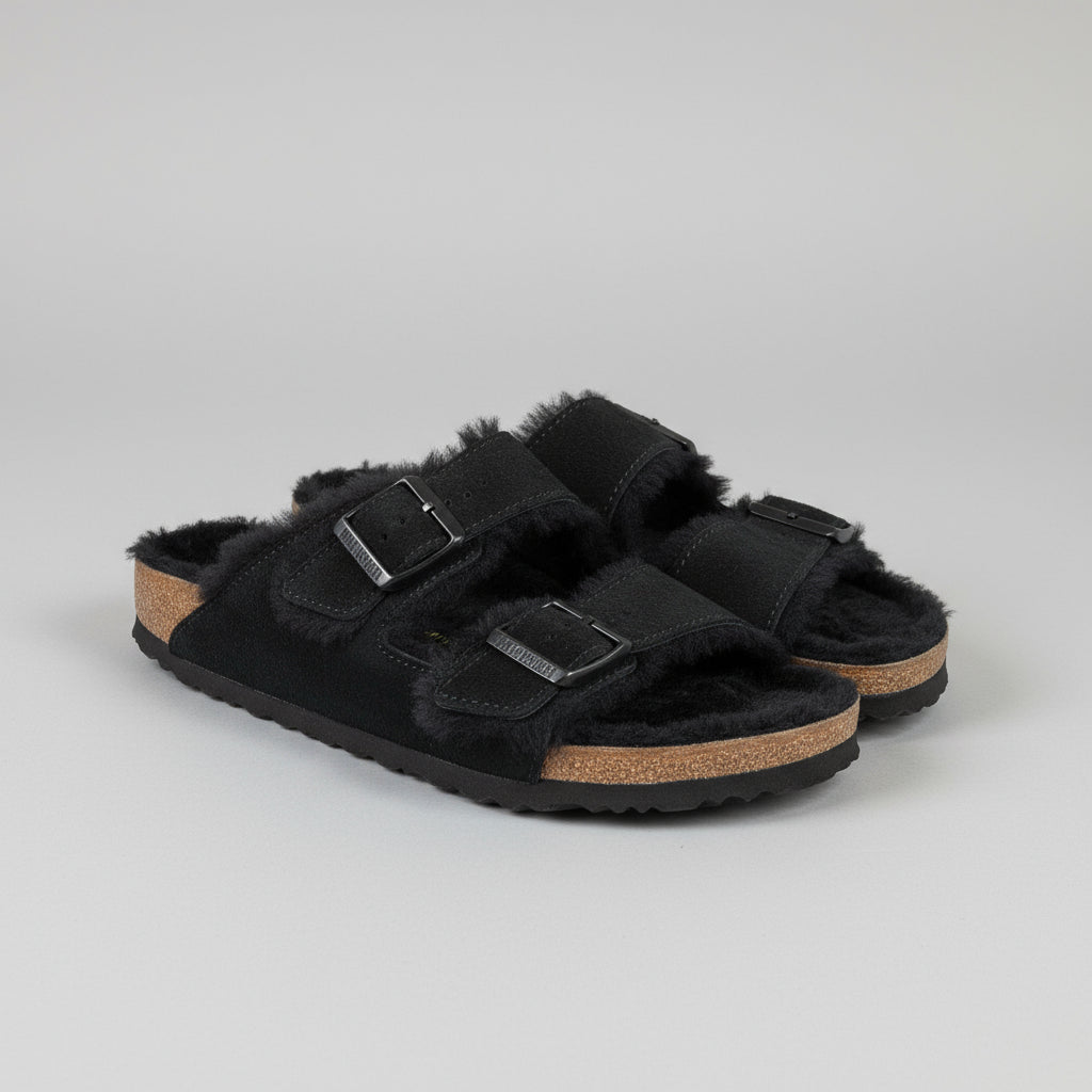 Birkenstock black shearling Arizona sandals, size 8, LIKE NEW!
