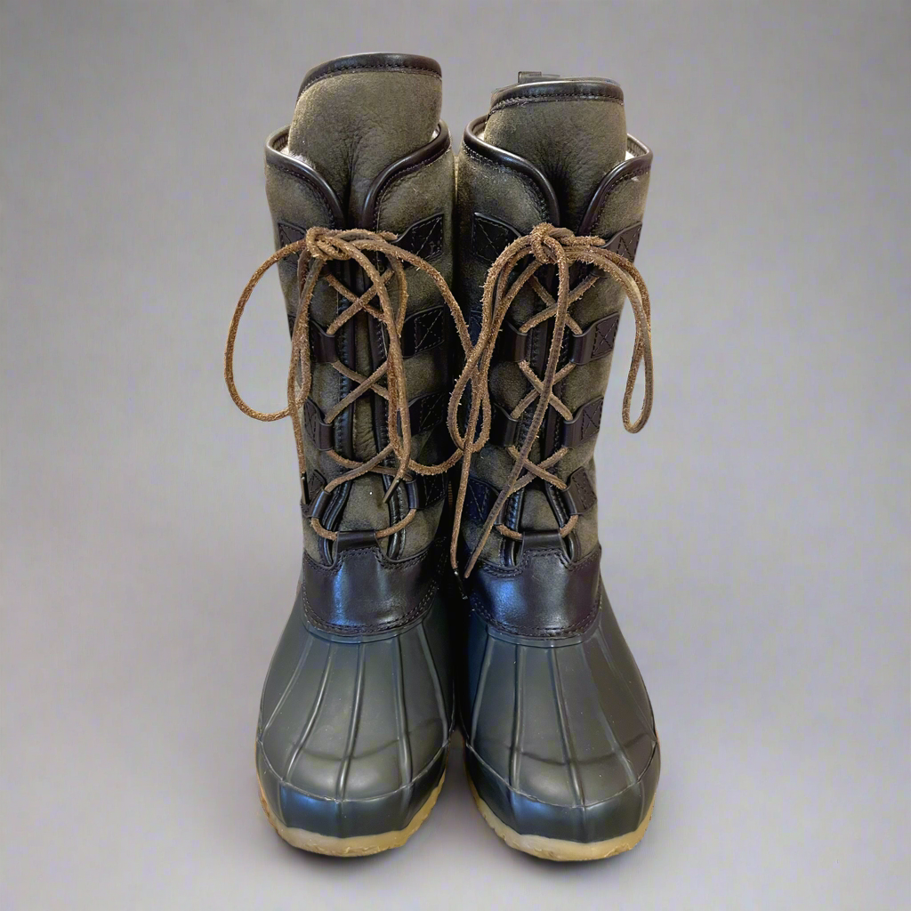 Tory Burch brown and olive Argyll duck boots, size 8