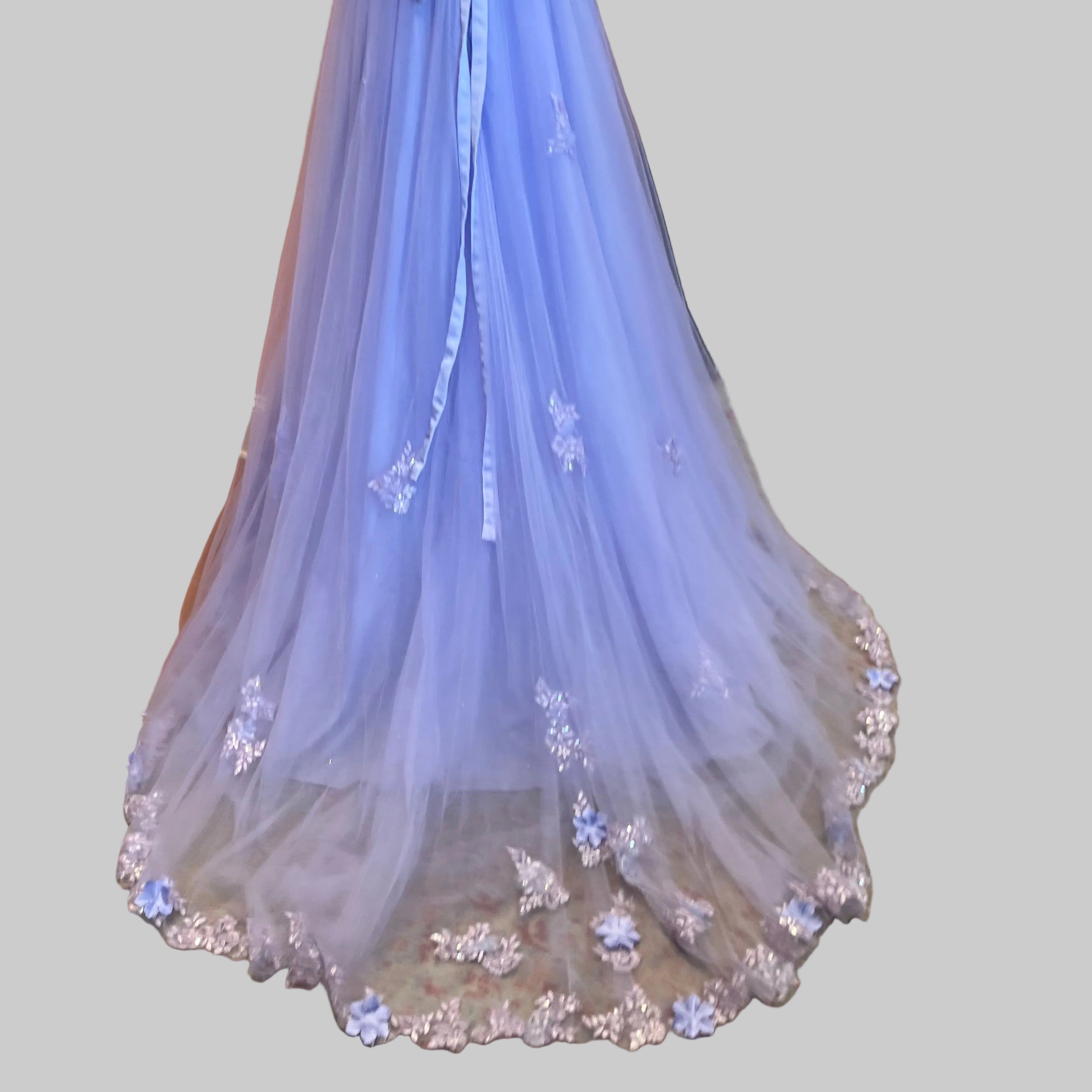 Lavender tulle dress with floral appliqué, size L
