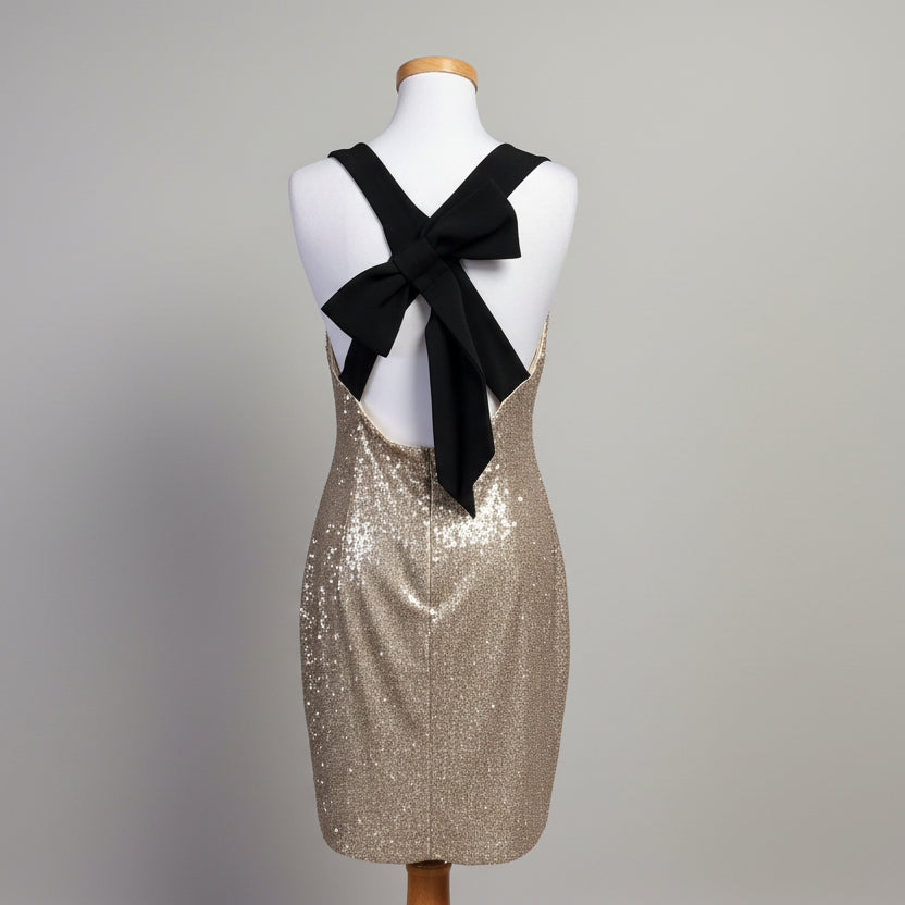 Belle Badgley Mischka gold sequin dress with black bow, size 12