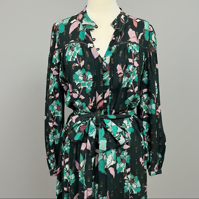 Alivia evergreen, orchid, and gold floral maxi dress, size XS