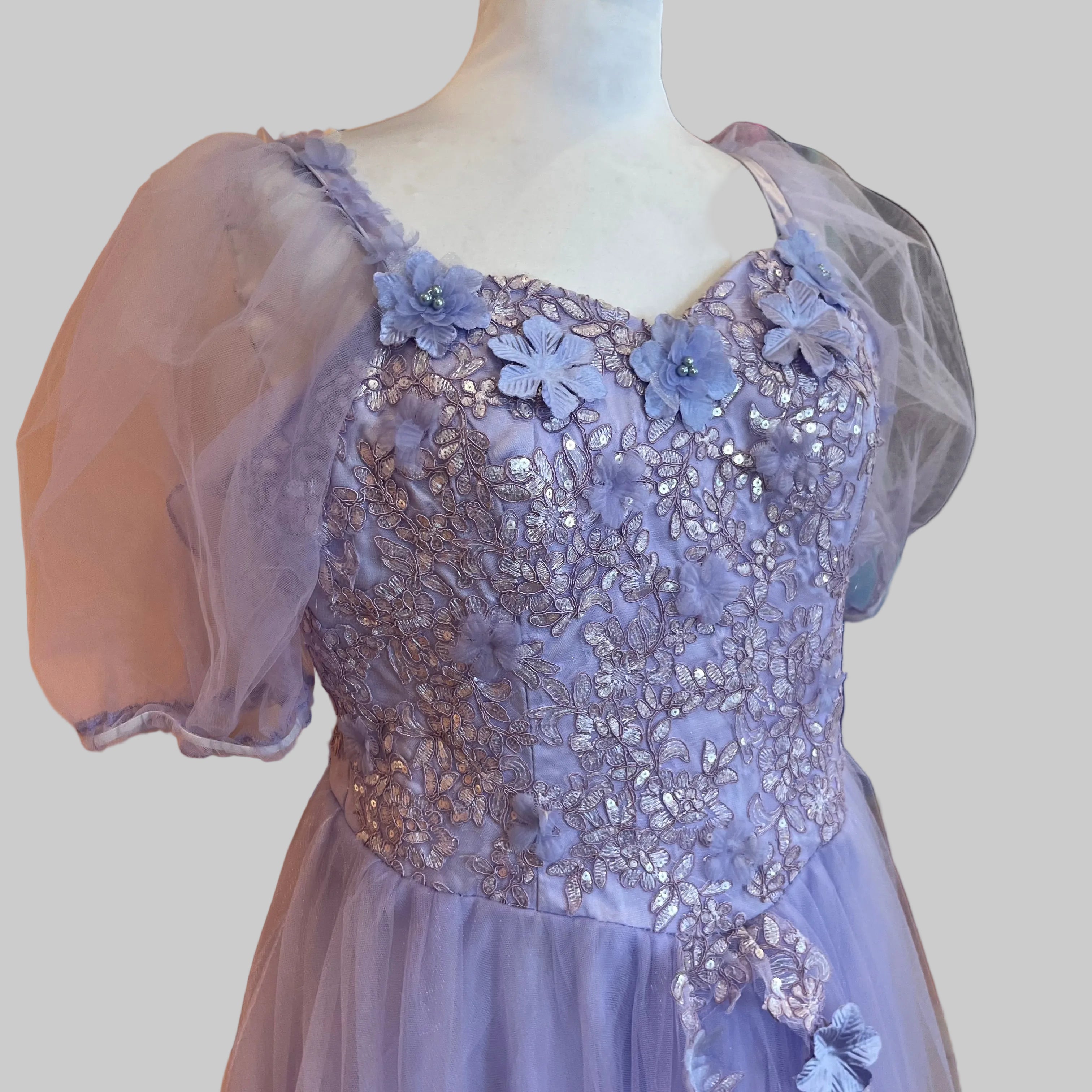 Lavender tulle dress with floral appliqué, size L