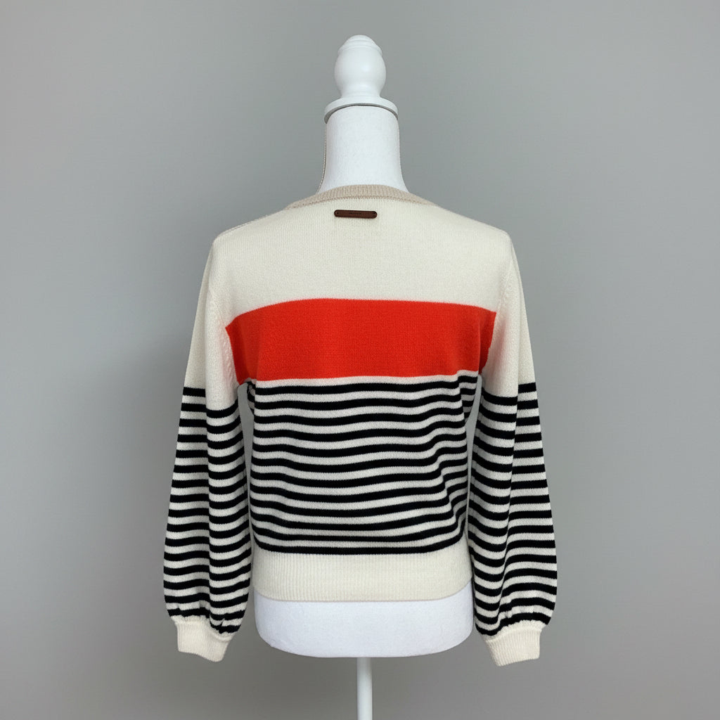 Trovata cream, orange, and navy stripe cashmere sweater, size XS