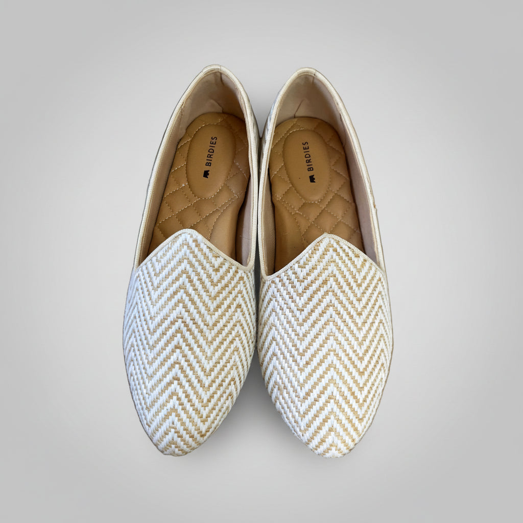 Birdies white and tan herringbone Heron flat, size 7, NEW IN BOX!