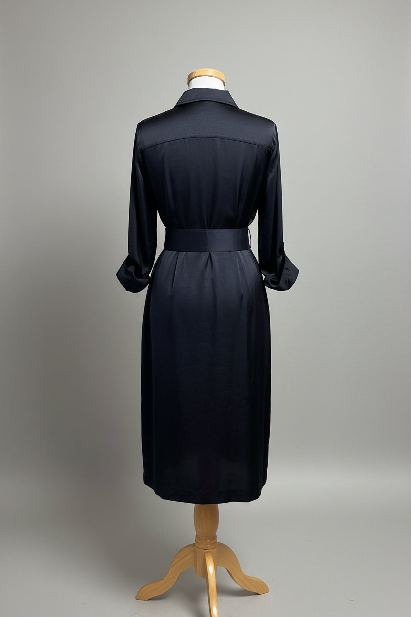 Elie Tahari navy satin shirt dress, sizes XS & S, NEW WITH TAGS!
