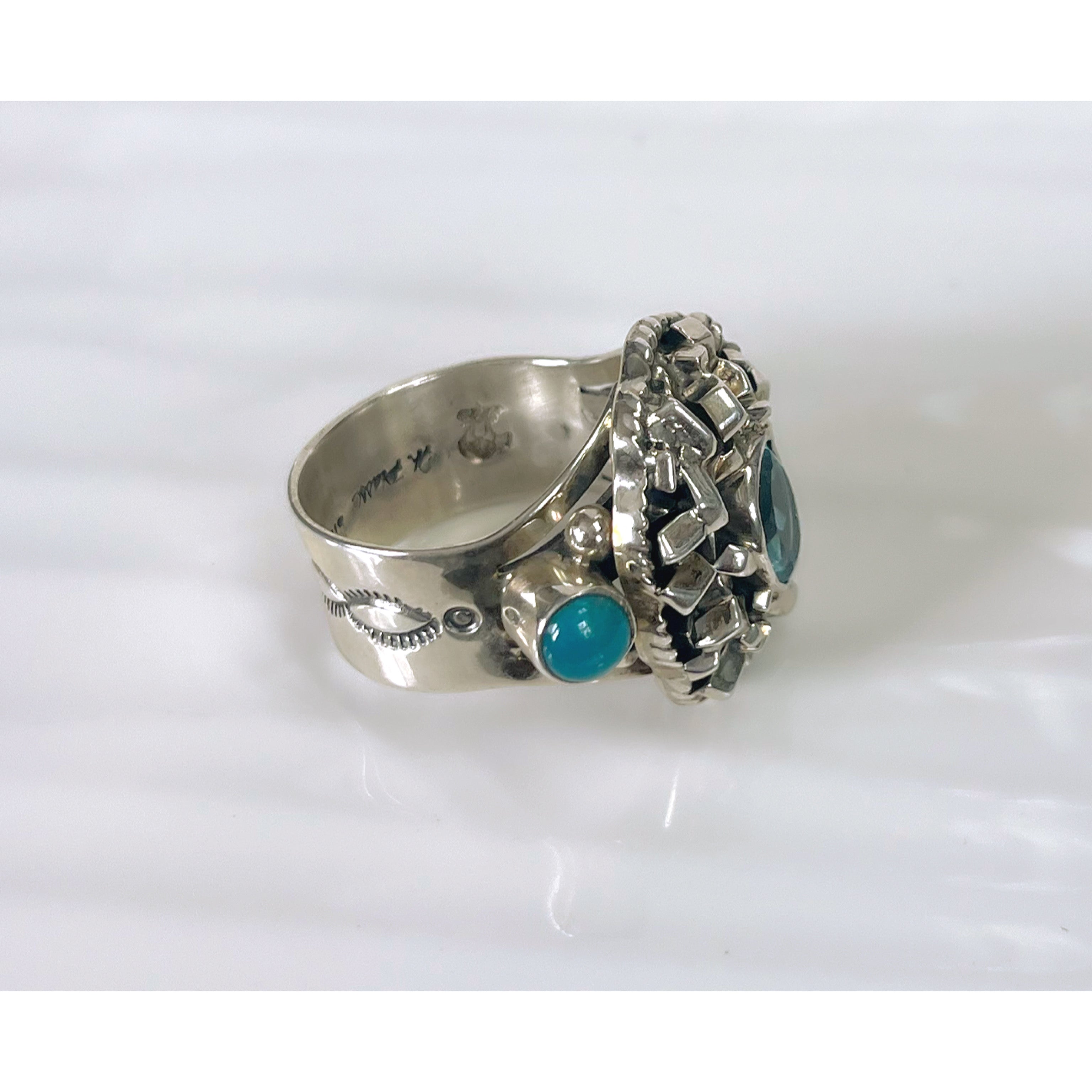 Happy Piasso sterling, aquamarine, and turquoise Navajo ring