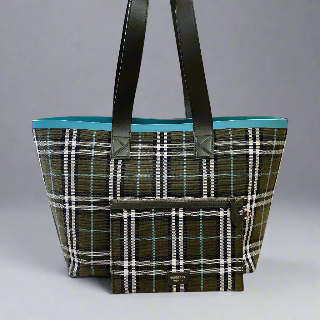 Burberry olive green plaid London 8078378 tote
