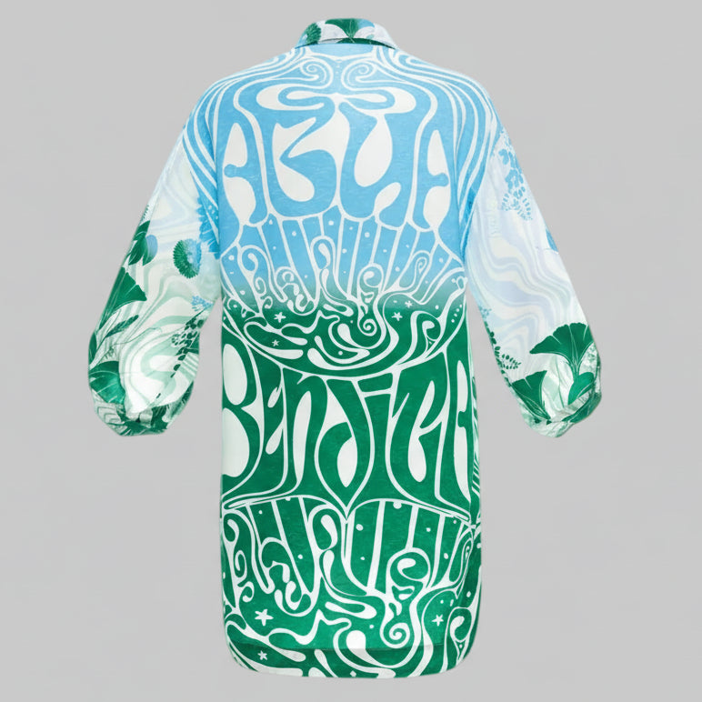 Agua Bendita green, blue, and black Kaaw Chrissy blouse, size M