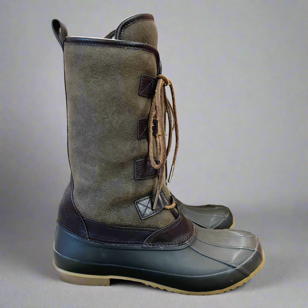 Tory Burch brown and olive Argyll duck boots, size 8