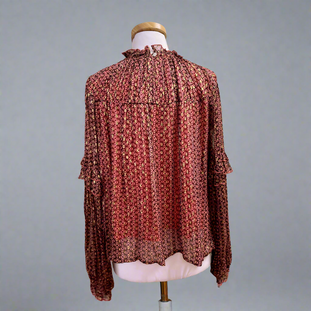 Oliphant burgundy print Morocco blouse, size XS