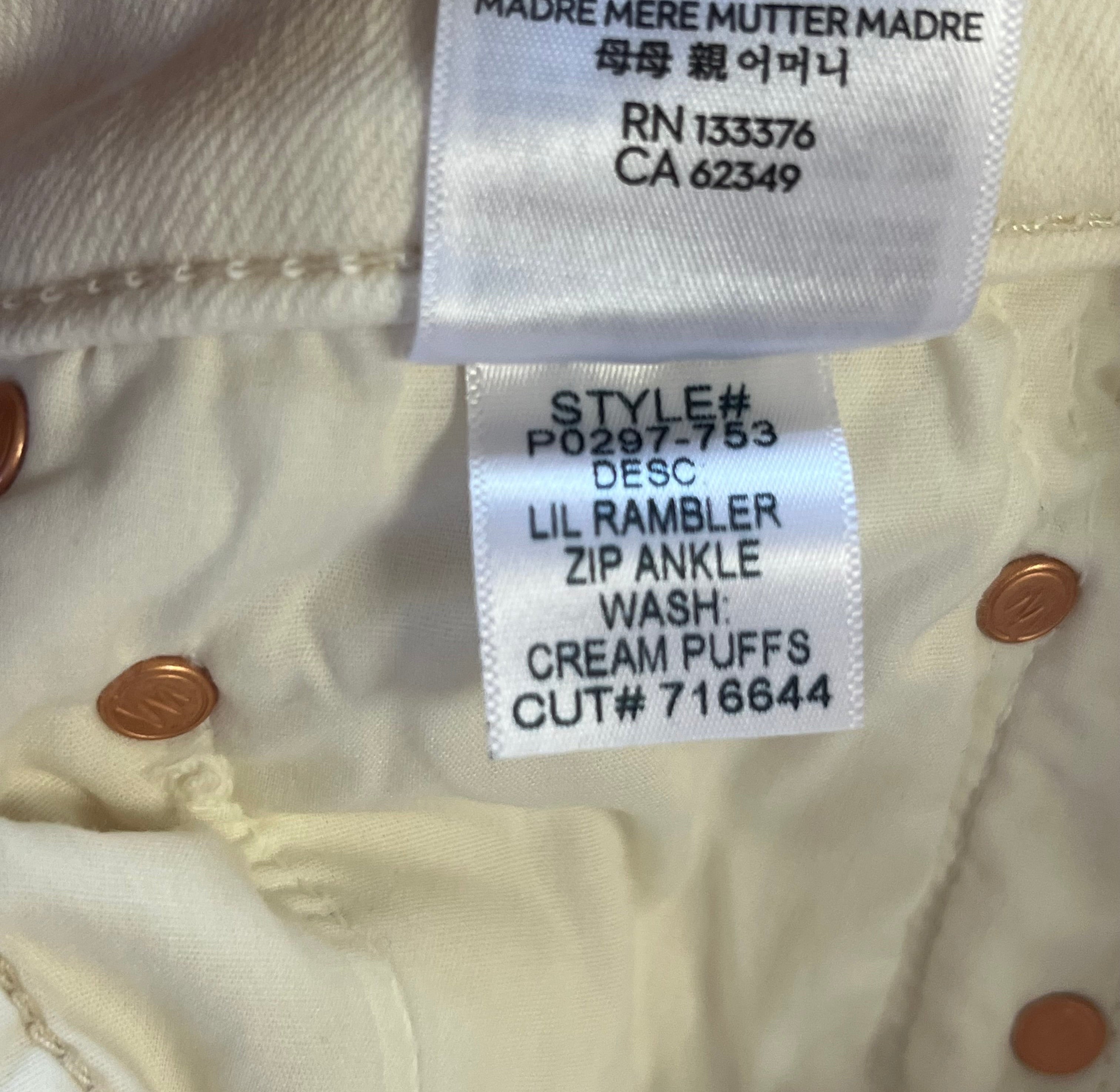 Mother ivory Lil Rambler Zip Ankle pant, Size 25, US Size 0
