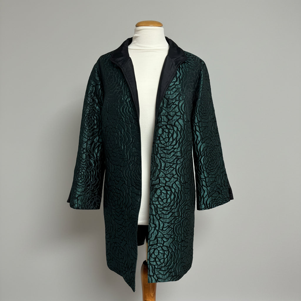 Chico's green and black floral embossed jacket, size M