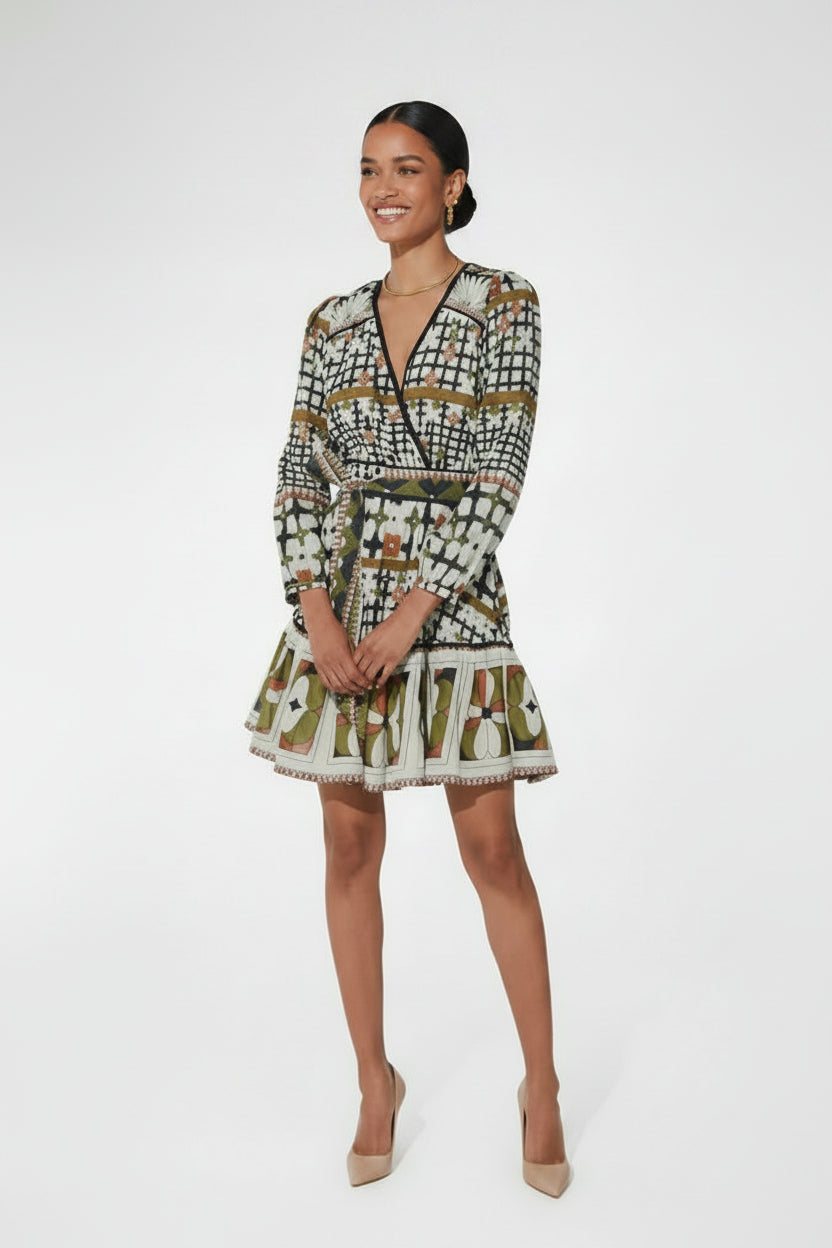 Cleobella white, olive, and black print Emory dress, size S
