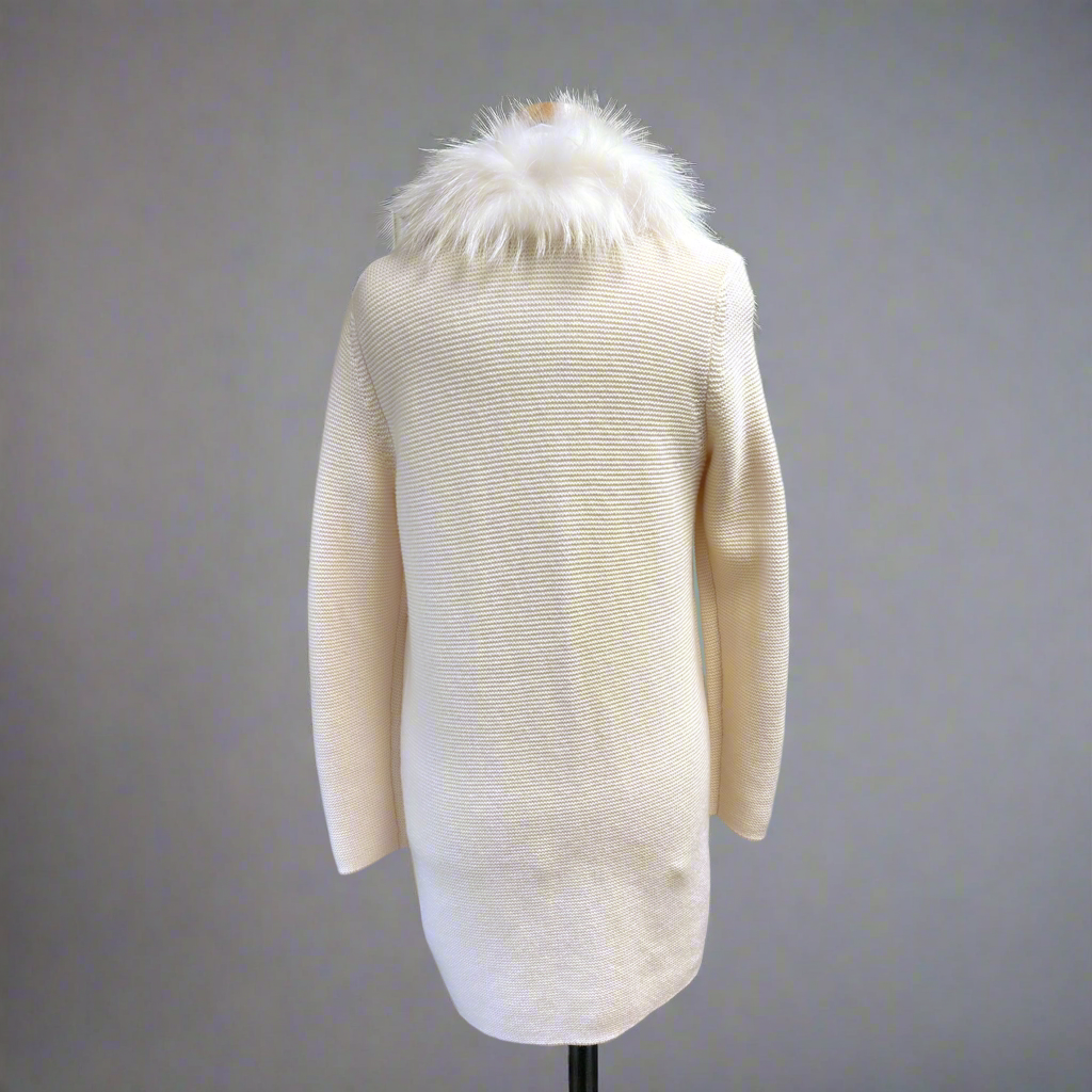 J. McLaughlin cream wool and cashmere sweater with fur trim, size M