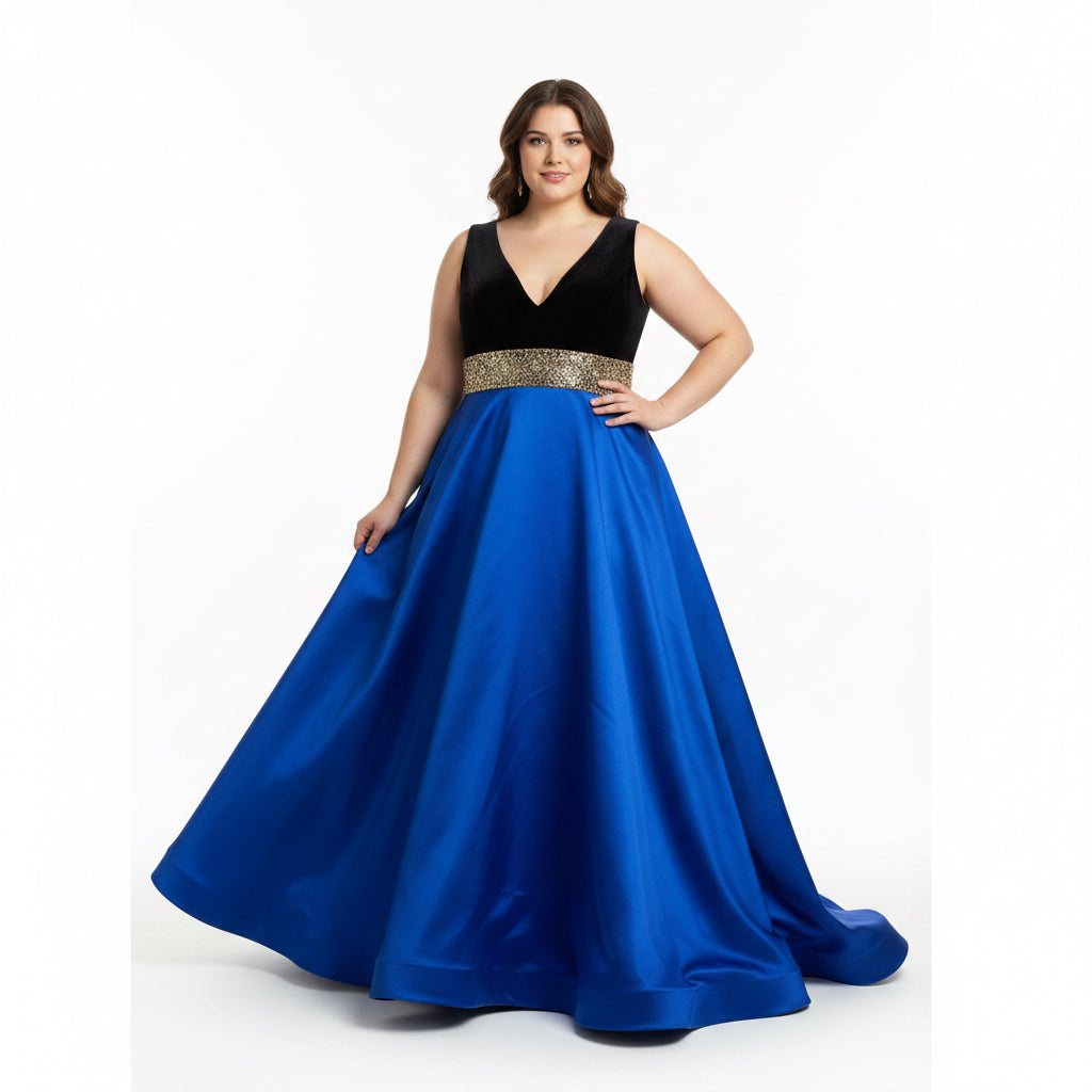 Mac Duggal black velvet and cobalt blue dress, size 18W