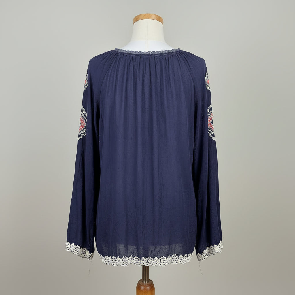 Johnny Was navy embroidered blouse, size XL