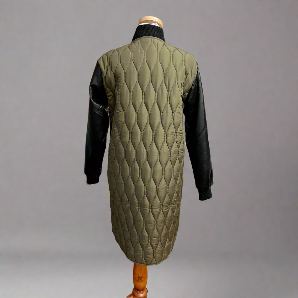 Foil olive and black quilted coat, size 4