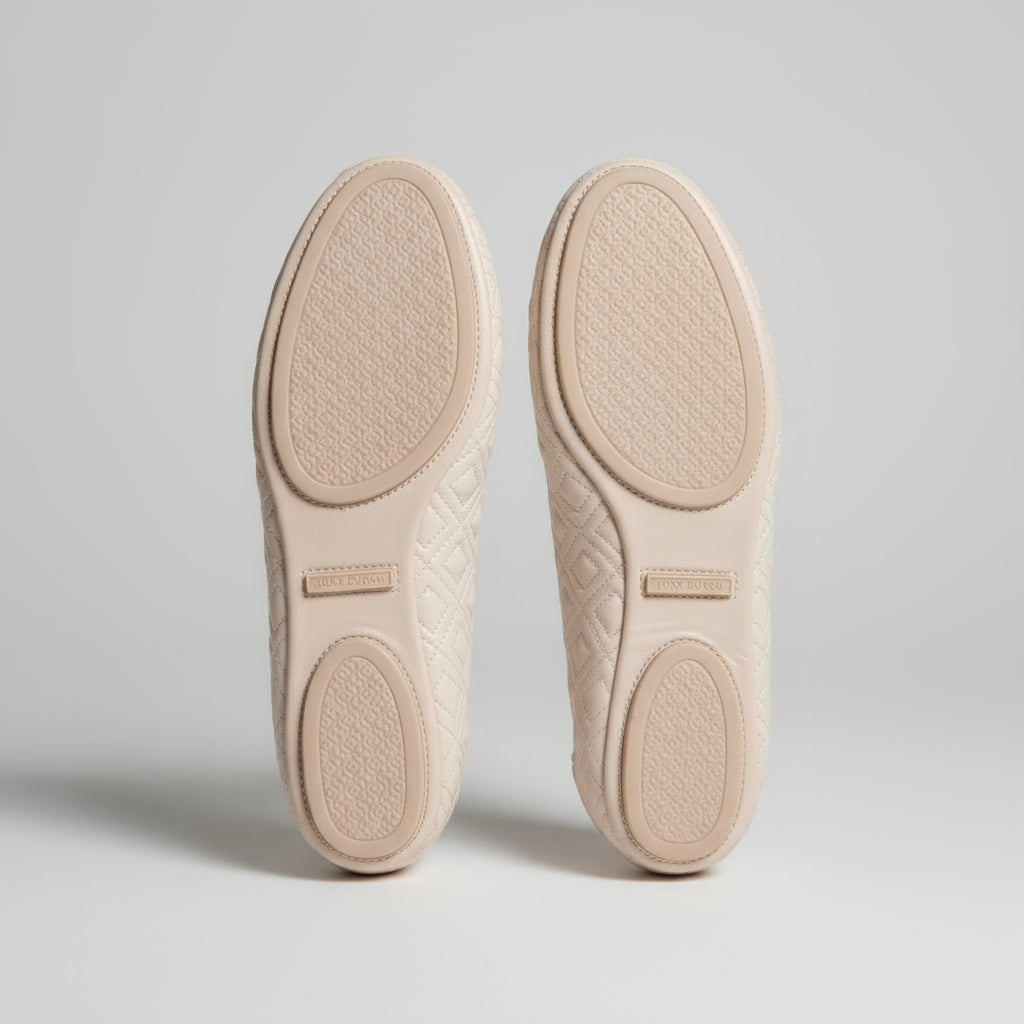 Tory Burch tan quilted Minnie travel flats, size 9