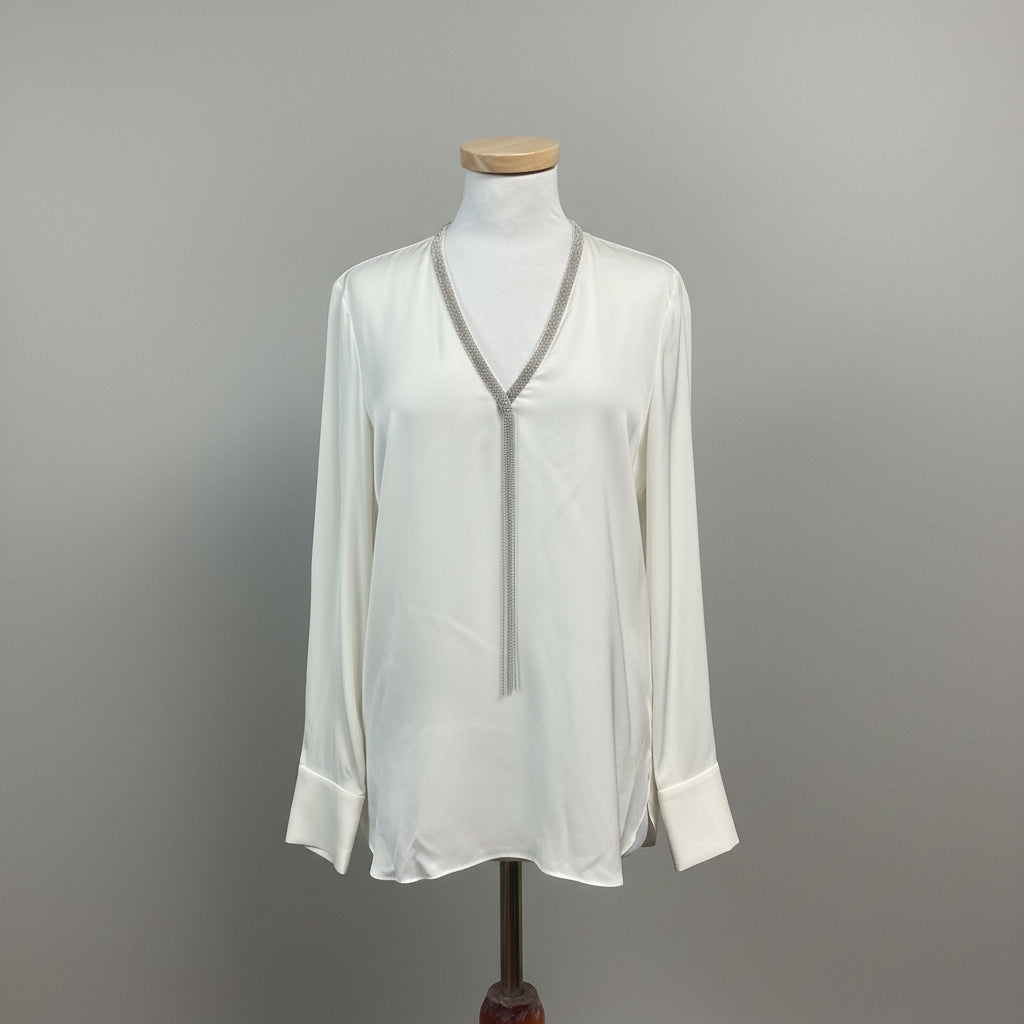 Elie Tahari ivory silk blouse with silver chain, size S, NEW WITH TAGS!