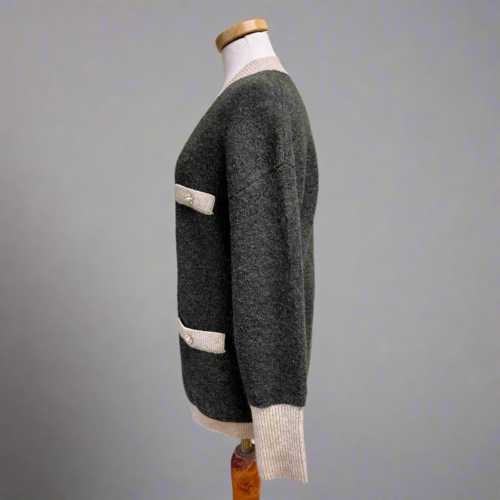 Heartloom gray and tan cardigan sweater, size L, NEW WITH TAGS!