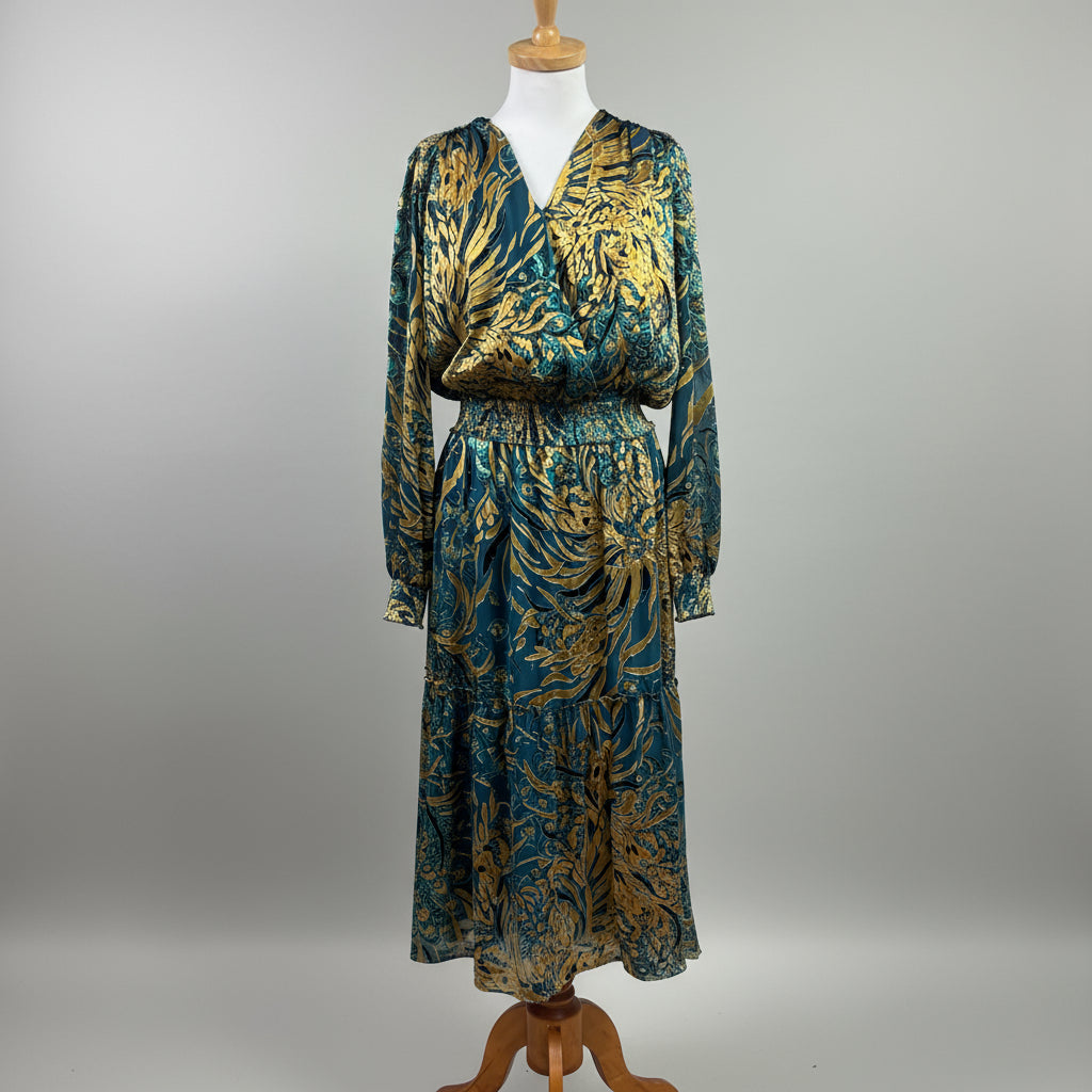 White House/Black Market teal and gold dress, size 10