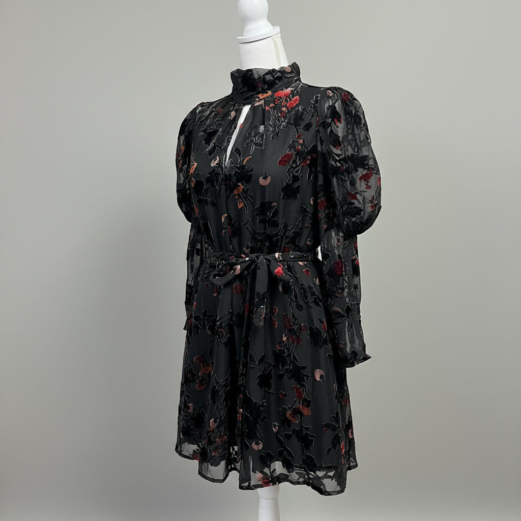 French Connection black floral velvet dress, size S