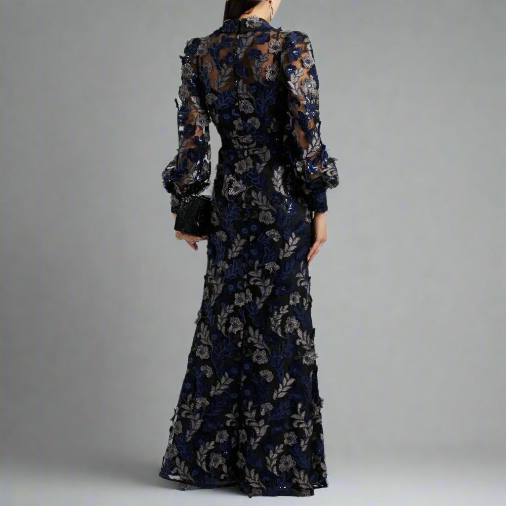 Badgley Mischka black, navy, and plum floral sequin dress, size 6