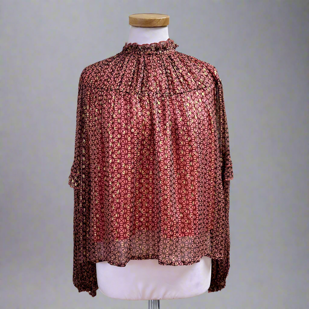 Oliphant burgundy print Morocco blouse, size XS