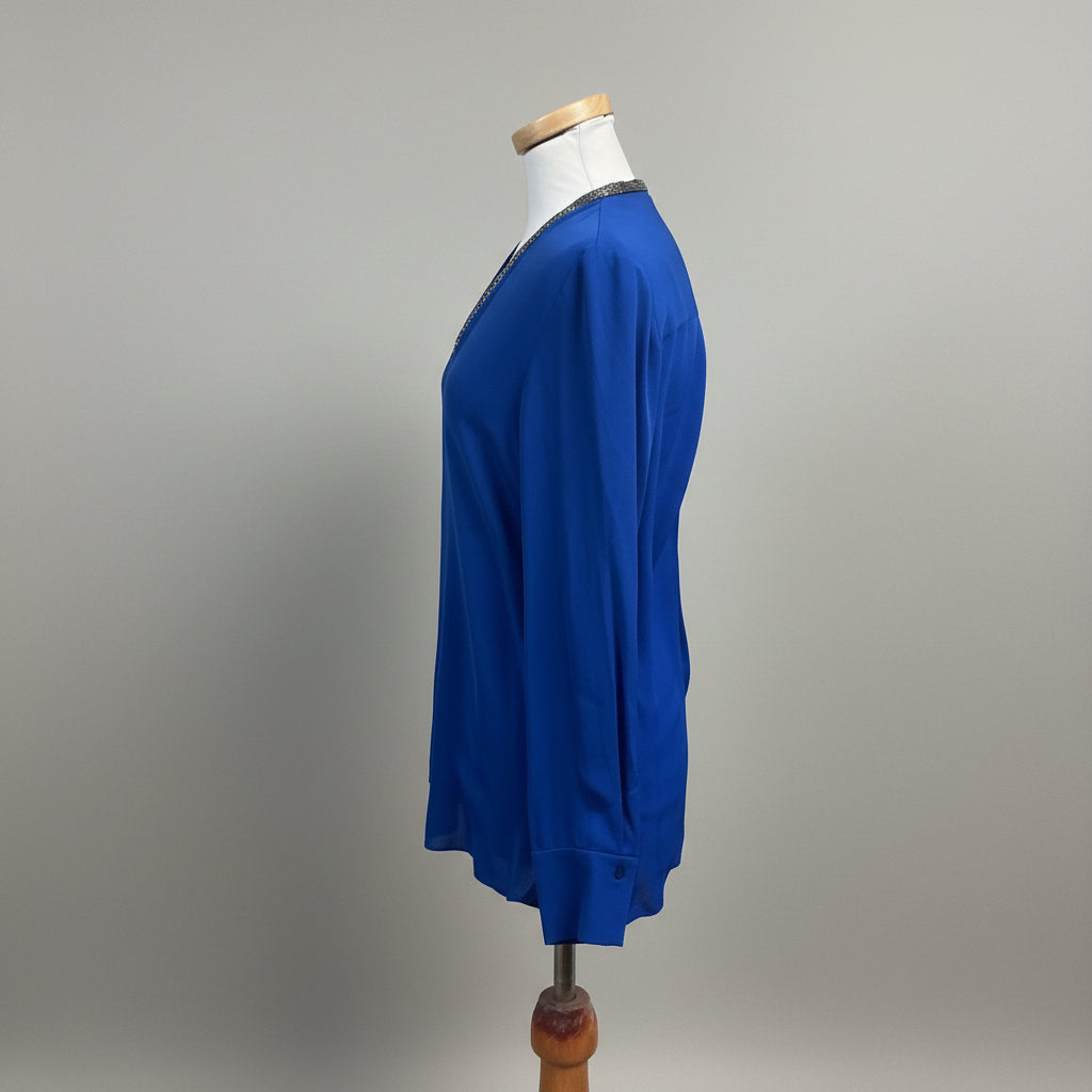 Elie Tahari cobalt blue silk blouse with silver chain, size S, NEW WITH TAGS!