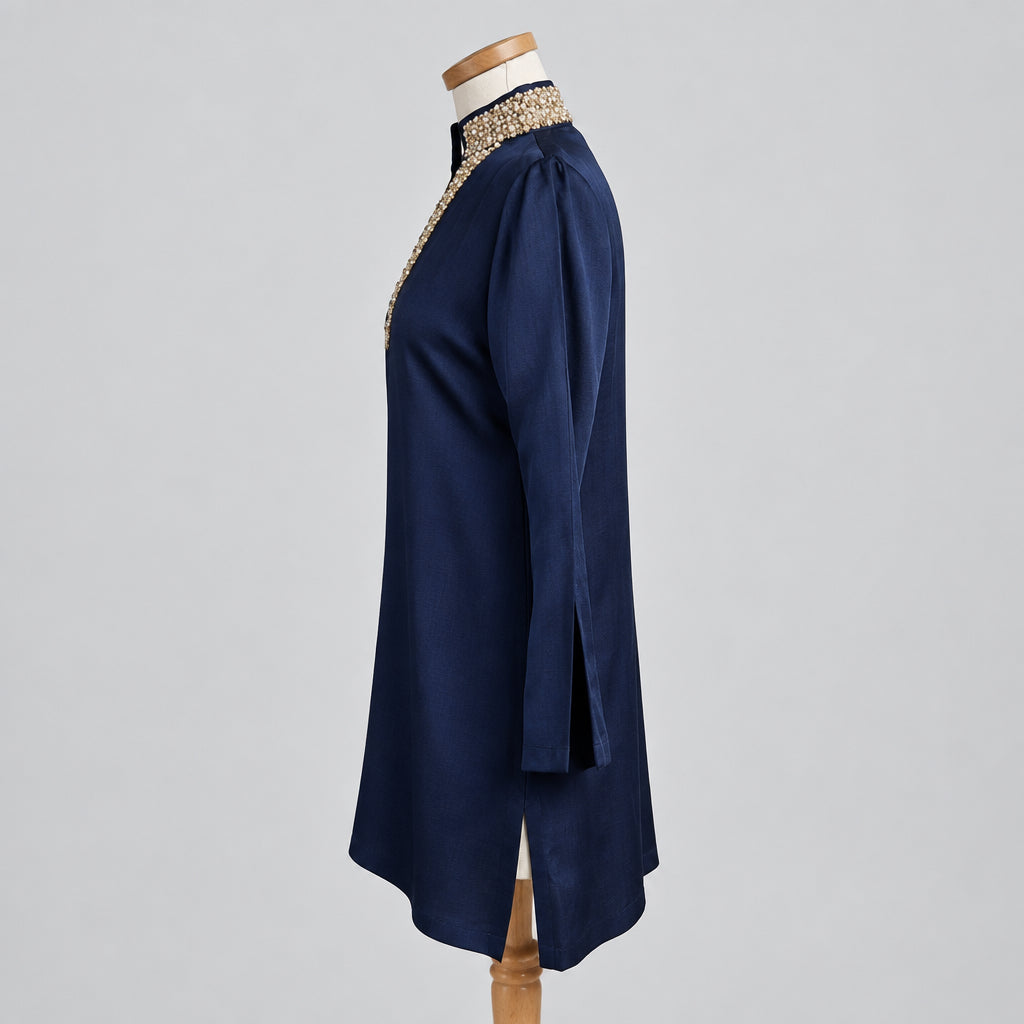 Bella Tu navy blouse with beading, size M, NEW WITH TAGS!