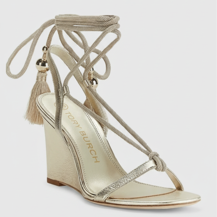 Tory Burch gold wedge shoes with tassel ties, size 8