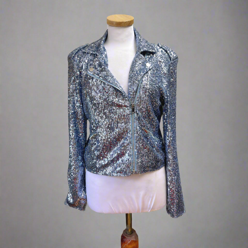 Generation Love light blue sequin Robin Moto jacket, size M, NEW WITH TAGS!