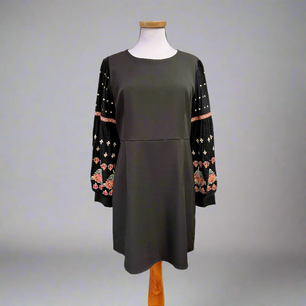 THML black dress with embroidered sleeves, size L