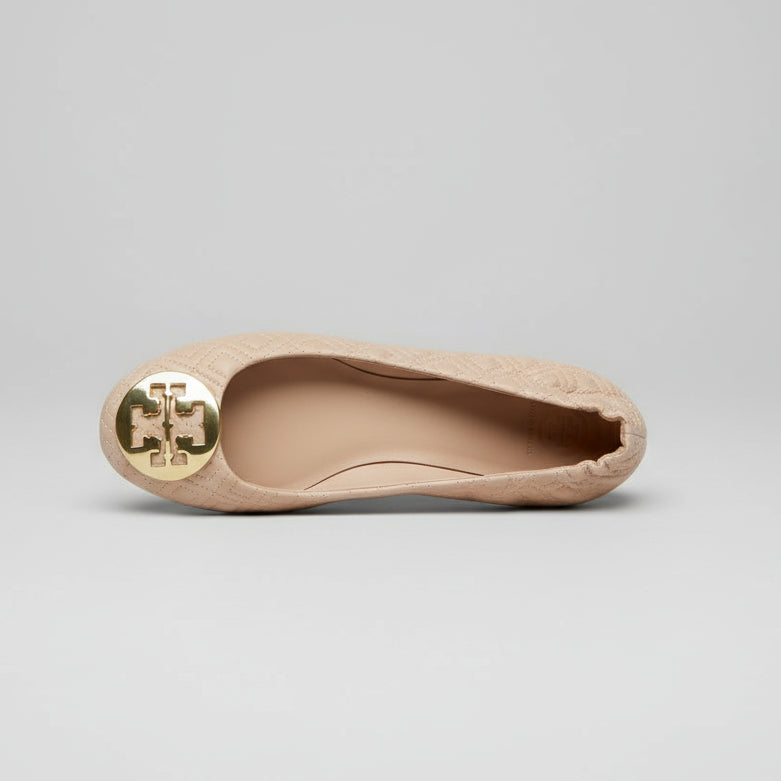 Tory Burch tan quilted Minnie travel flats, size 9