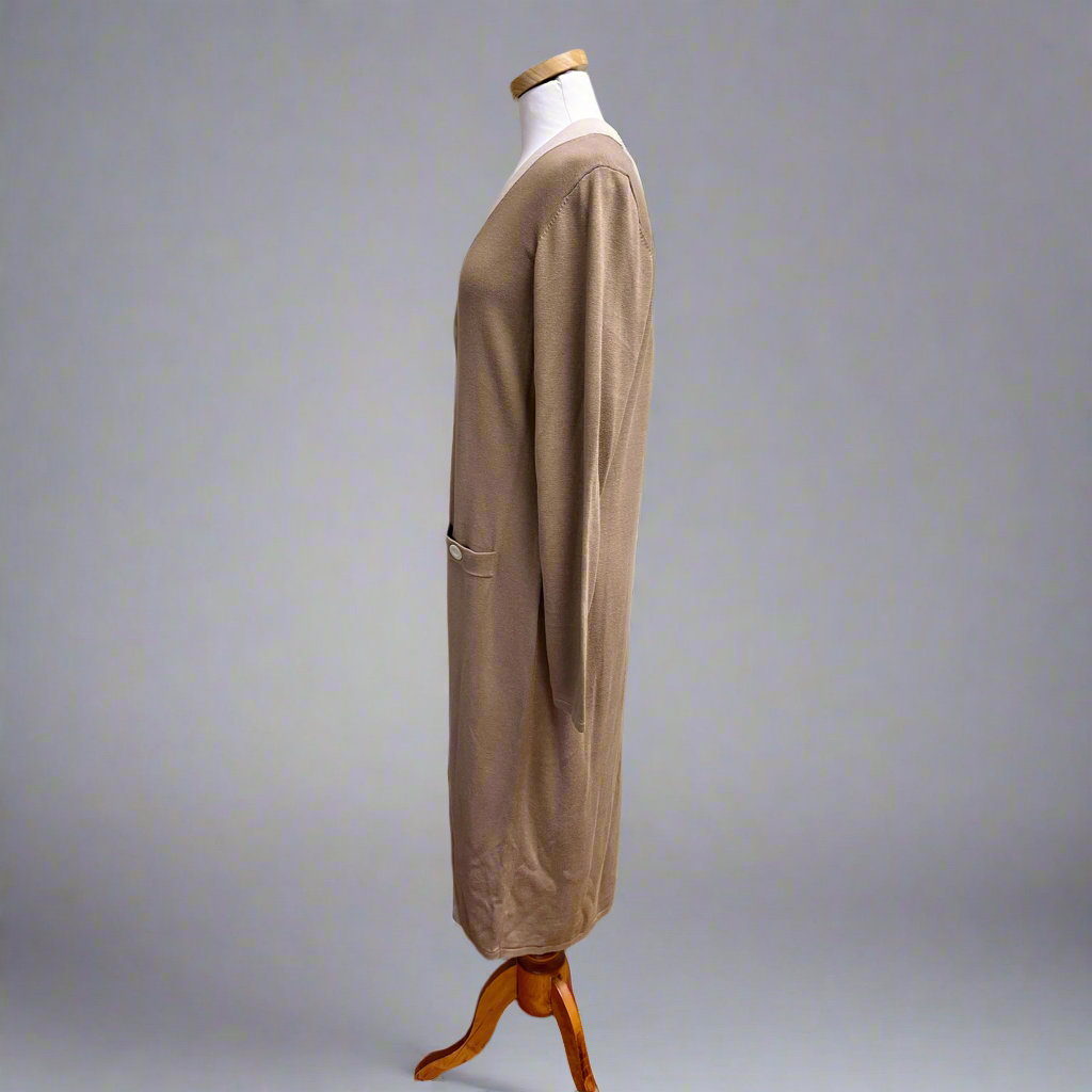 Cabi Genteel long brown cardigan with sash, size M