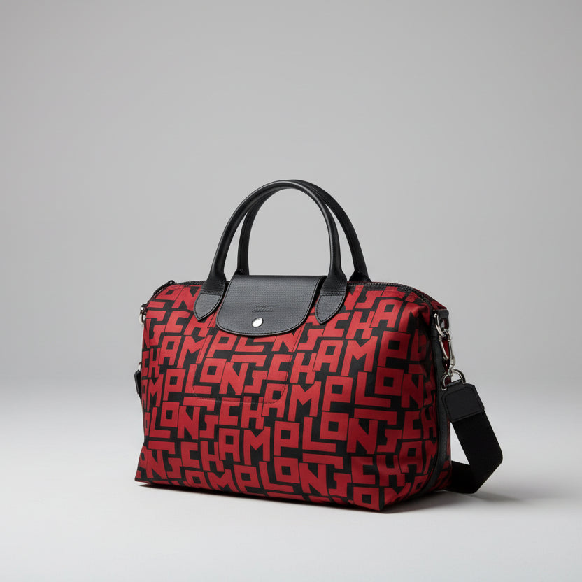Longchamp black and red logo Le Pliage bag