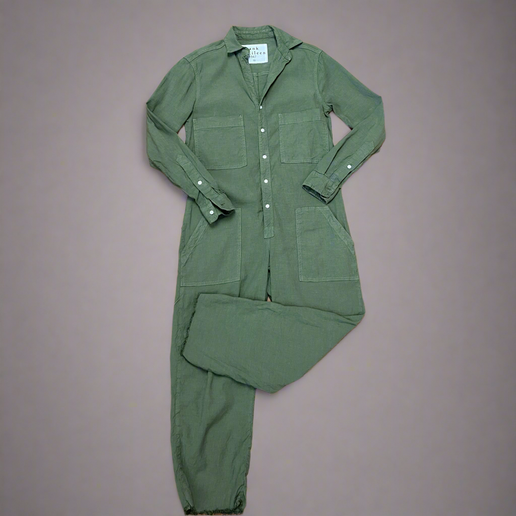 Frank and Eileen olive linen Ireland jumpsuit, size XXS