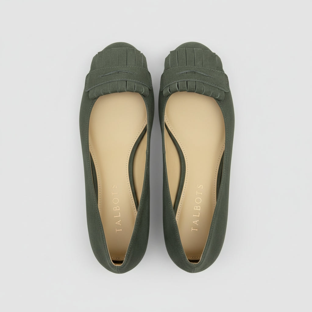 Talbots olive suede Olympia Kiltie flats, size 6, NEW IN BOX!