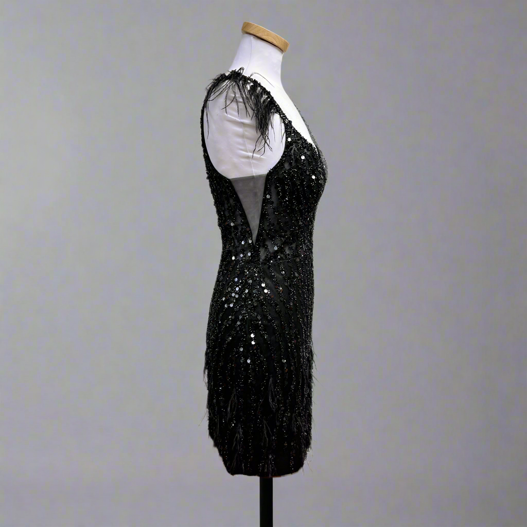 Gianni Bini black sequin and feather dress, size 7, NEW WITH TAGS!