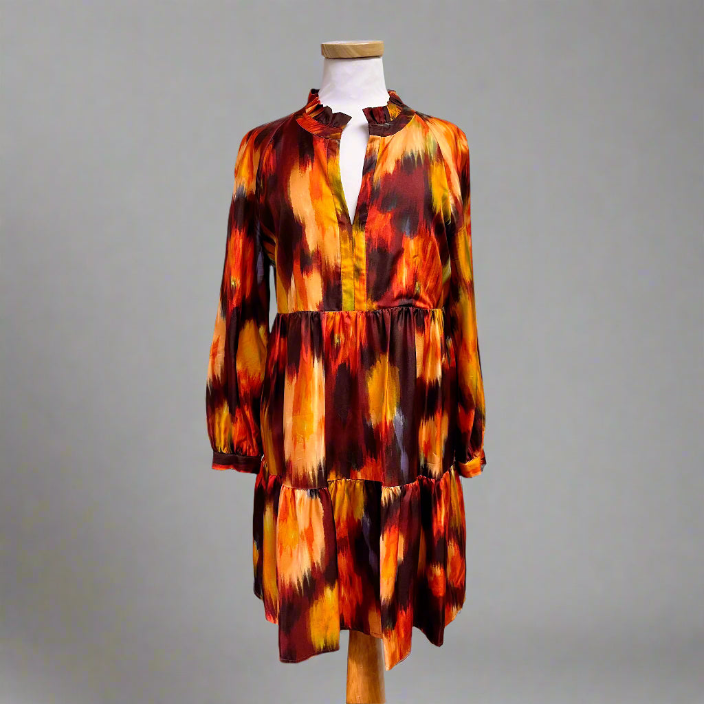 Marie Oliver orange print Paris dress, size S