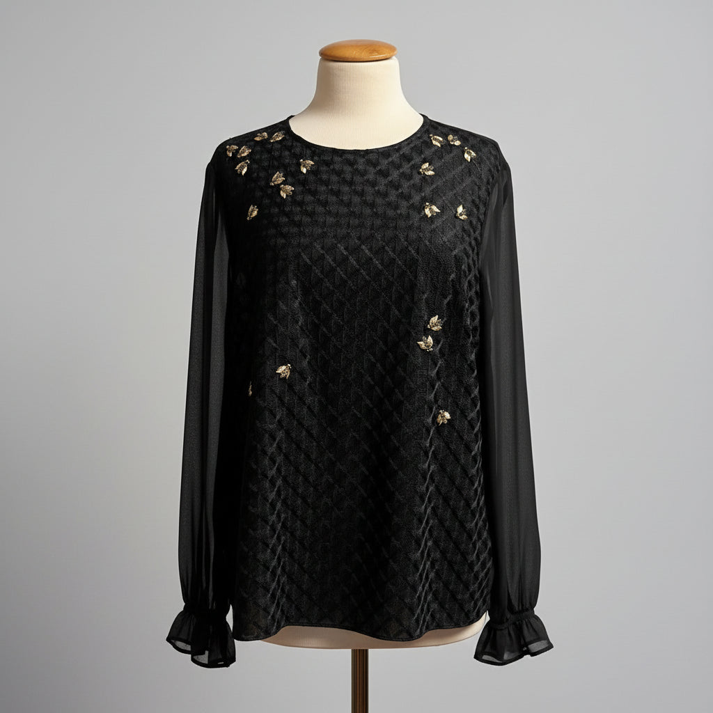 Ted Baker black blouse with gold bees, size S/M