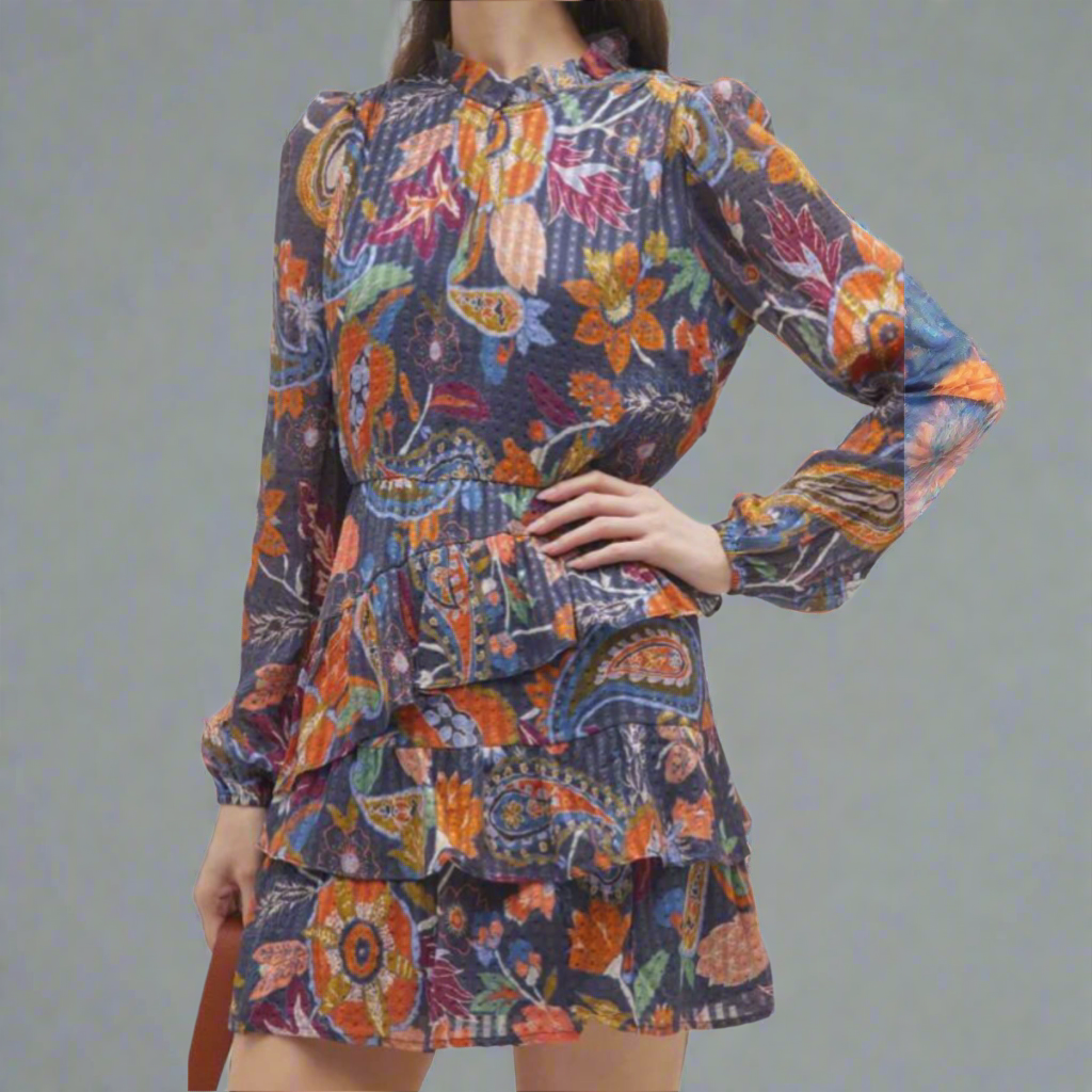 Marie Oliver blue and orange print Alana dress, size XXS