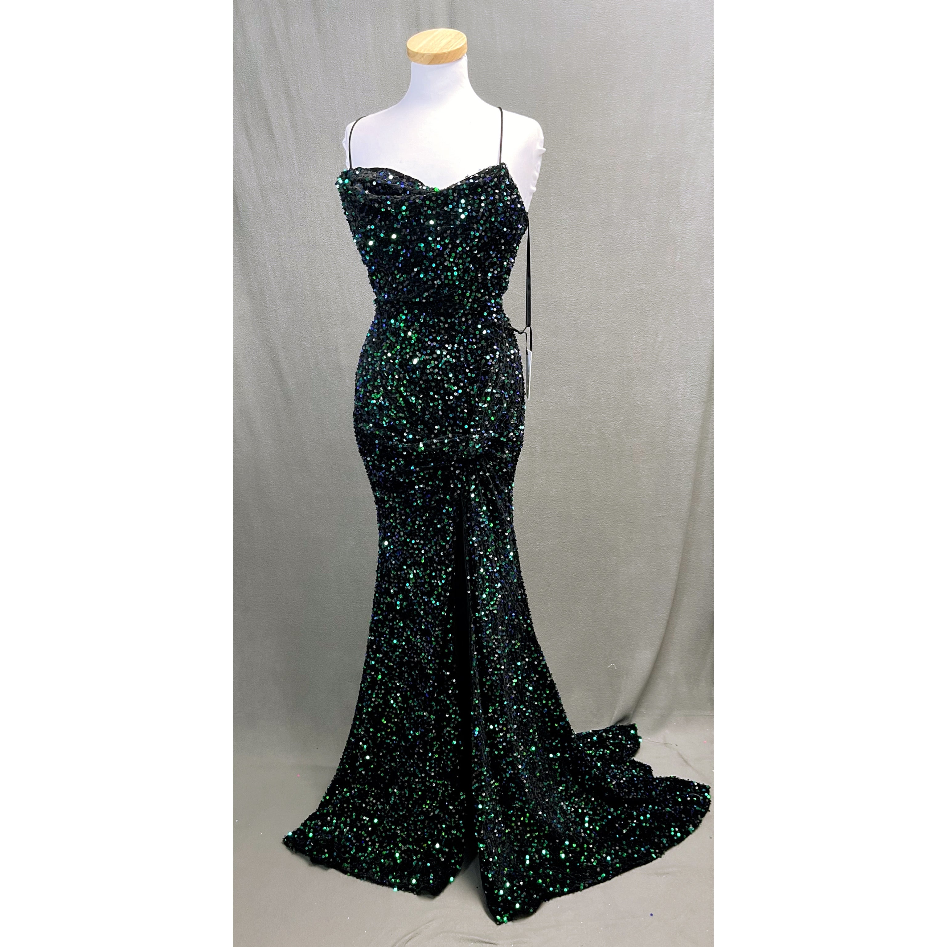 Alyce Paris black & green plush sequin dress, size 6, NEW WITH TAGS!