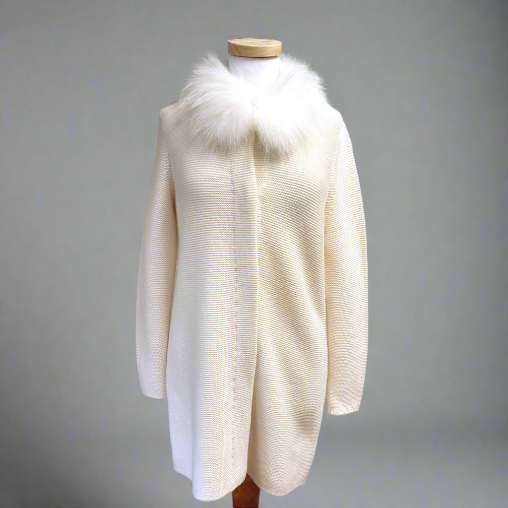J. McLaughlin cream wool and cashmere sweater with fur trim, size M