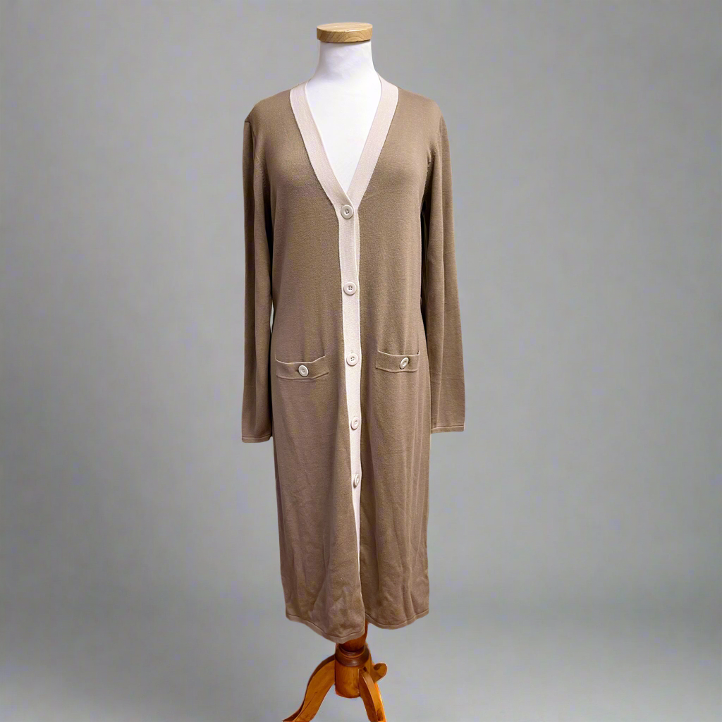Cabi Genteel long brown cardigan with sash, size M